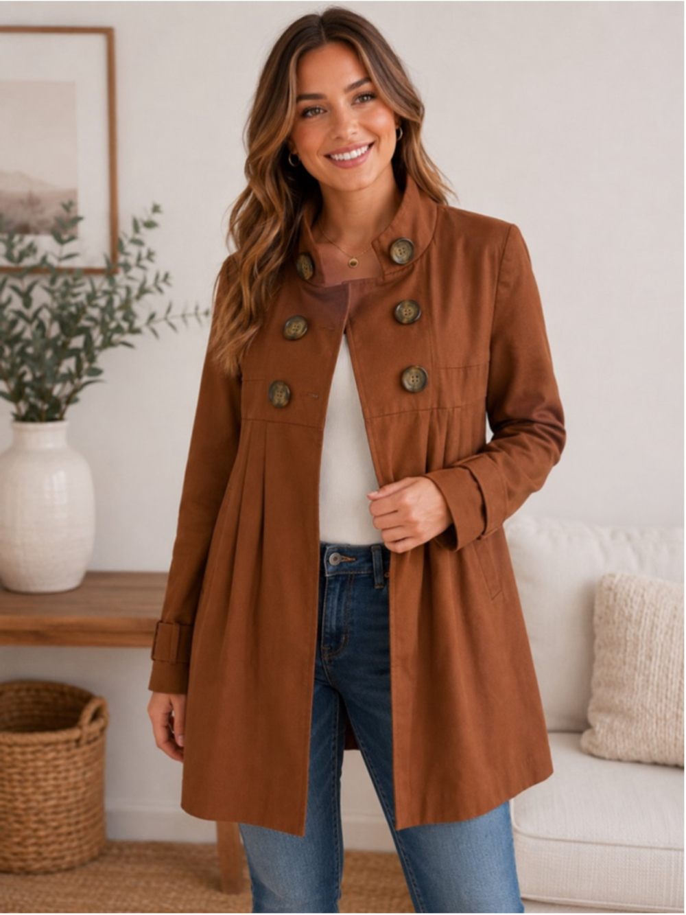 Atmosphere Brown Military Style Trench Coat Jacket Size 10 Double Breasted